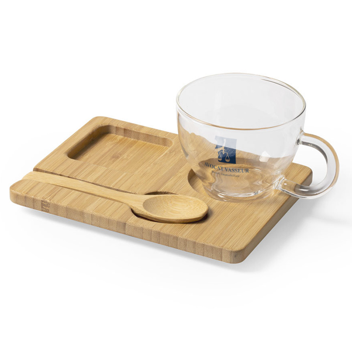 Tasse bedrucken aus Glas mit Löffel und Servierboard 180 ml - Alessio