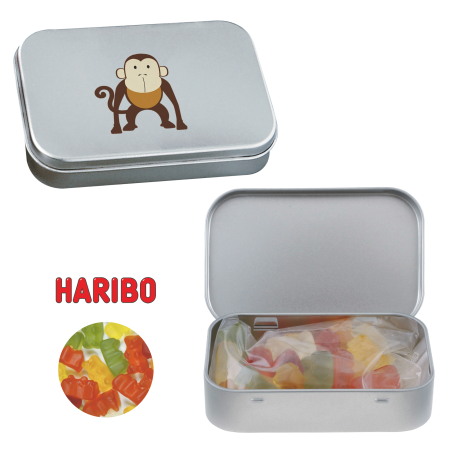 Silberner Scharnierdose mit Haribo Goldbären - Lebach 