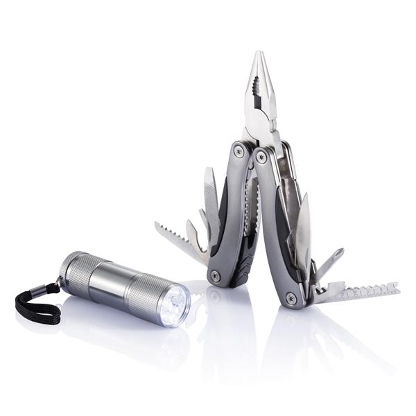 Edelstahl-Multitool mit eloxiertem Griff und LED-Taschenlampe - Strobl